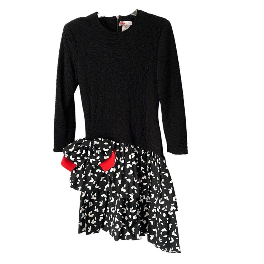 Wiz Vintage 80s Black Bow Tiered Ruffle Heart Dress size 9/10 medium